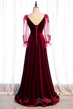 Wine Red Velvet Long Party Dress Prom Dress, A-Line Long Sleeves Formal Dress