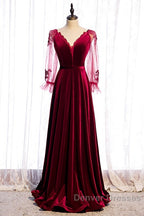 Wine Red Velvet Long Party Dress Prom Dress, A-Line Long Sleeves Formal Dress