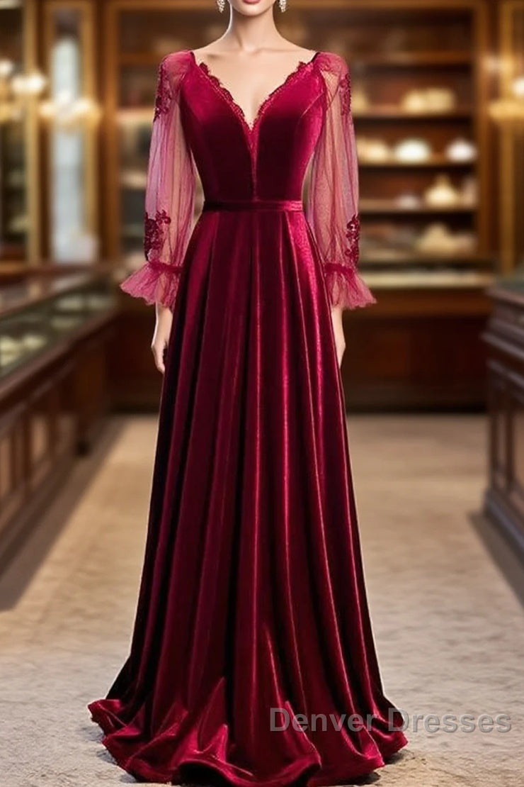 Wine Red Velvet Long Party Dress Prom Dress, A-Line Long Sleeves Formal Dress Main image