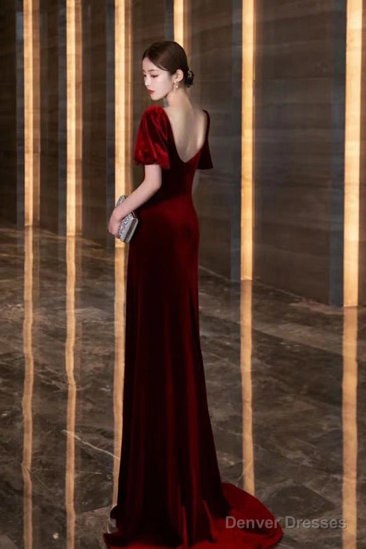 Wine Red Velvet Long Round Neckline Party Dress, Wine Red Prom Dresses