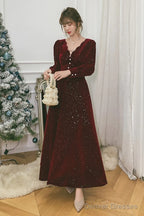 Wine Red Velvet Long Sleeves Party Dress, Wine Red V-Neckline Prom Dress Evening Dress
