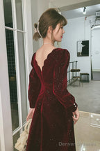 Wine Red Velvet Long Sleeves Party Dress, Wine Red V-Neckline Prom Dress Evening Dress