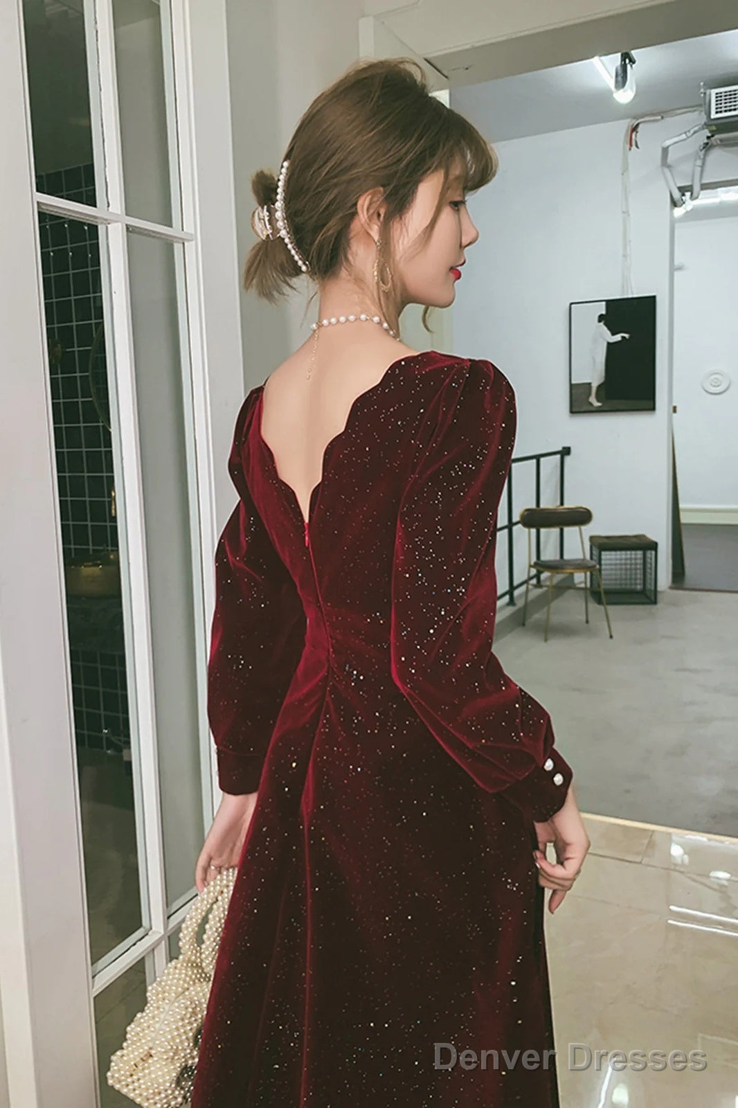 Wine Red Velvet Long Sleeves Party Dress, Wine Red V-Neckline Prom Dress Evening Dress