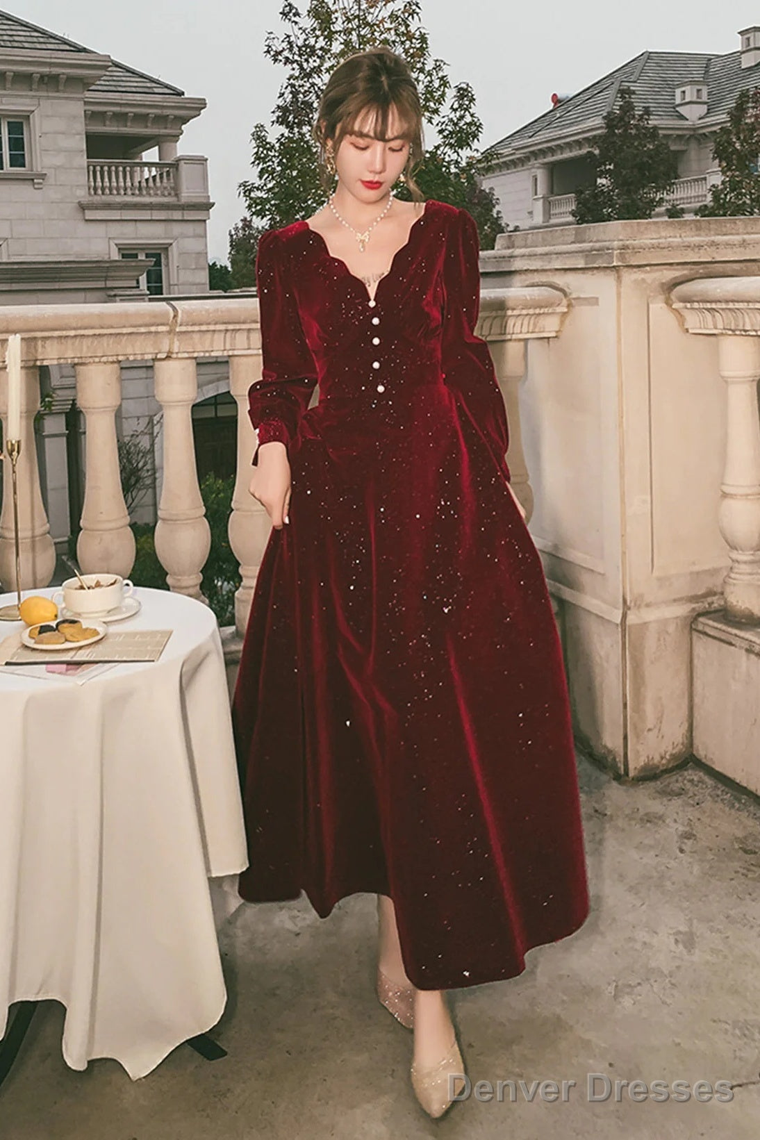 Wine Red Velvet Long Sleeves Party Dress, Wine Red V-Neckline Prom Dress Evening Dress Main image
