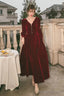 Wine Red Velvet Long Sleeves Party Dress, Wine Red V-Neckline Prom Dress Evening Dress