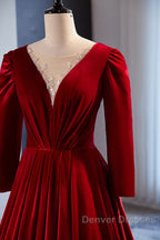 Wine Red Velvet Long Sleeves See Through Prom Dress, Wine Red Wedding Party Dress