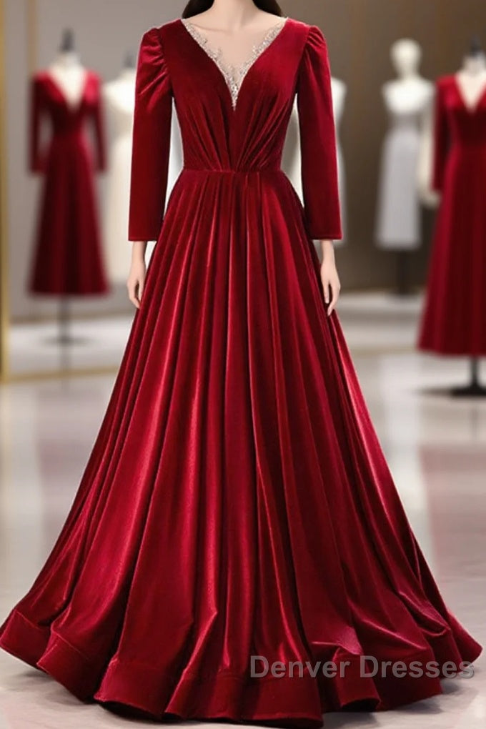 Wine Red Velvet Long Sleeves See Through Prom Dress, Wine Red Wedding Party Dress Main image