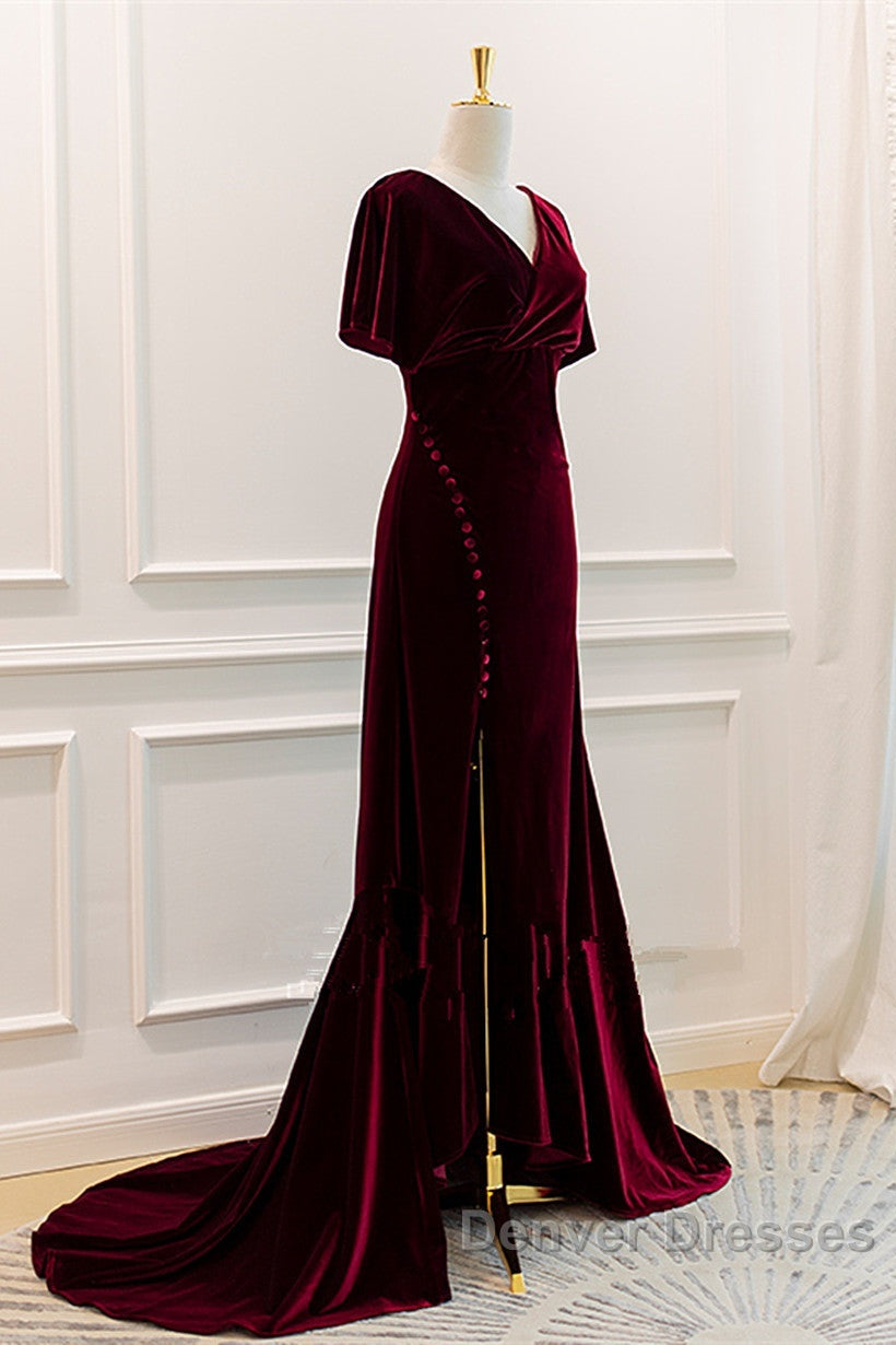 Wine Red Velvet Long Wedding Party Dress With Leg Slit, Wine Red Formal Dress Secondary image