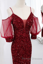 Wine Red Velvet Mermaid Long Party Dress, Wine Red Vekvet Prom Dress