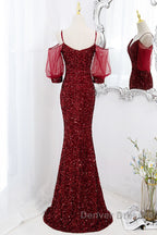 Wine Red Velvet Mermaid Long Party Dress, Wine Red Vekvet Prom Dress