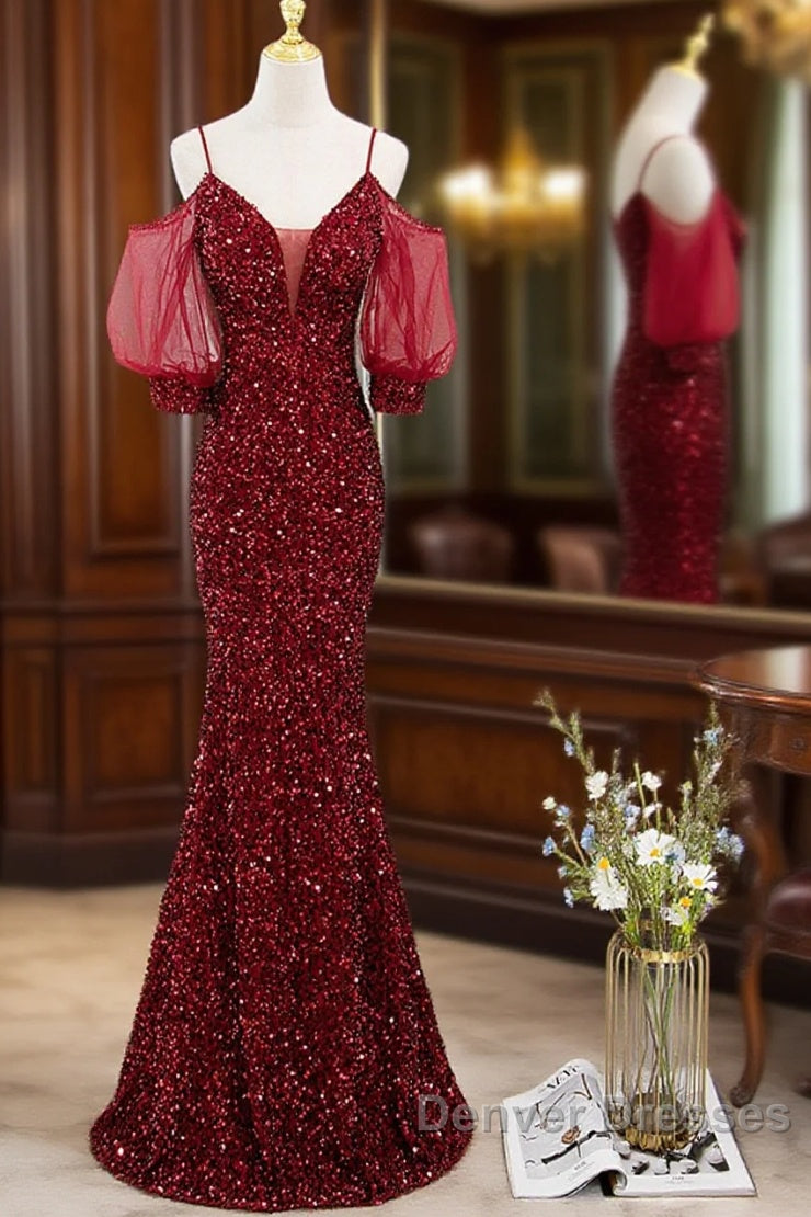 Wine Red Velvet Mermaid Long Party Dress, Wine Red Vekvet Prom Dress Main image