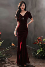 Wine Red Velvet Mermaid Short Sleeves Party Dress, Wine Red Long Evening Dress Prom Dress