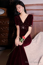 Wine Red Velvet Mermaid Short Sleeves Party Dress, Wine Red Long Evening Dress Prom Dress