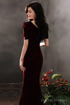 Wine Red Velvet Mermaid Short Sleeves Party Dress, Wine Red Long Evening Dress Prom Dress