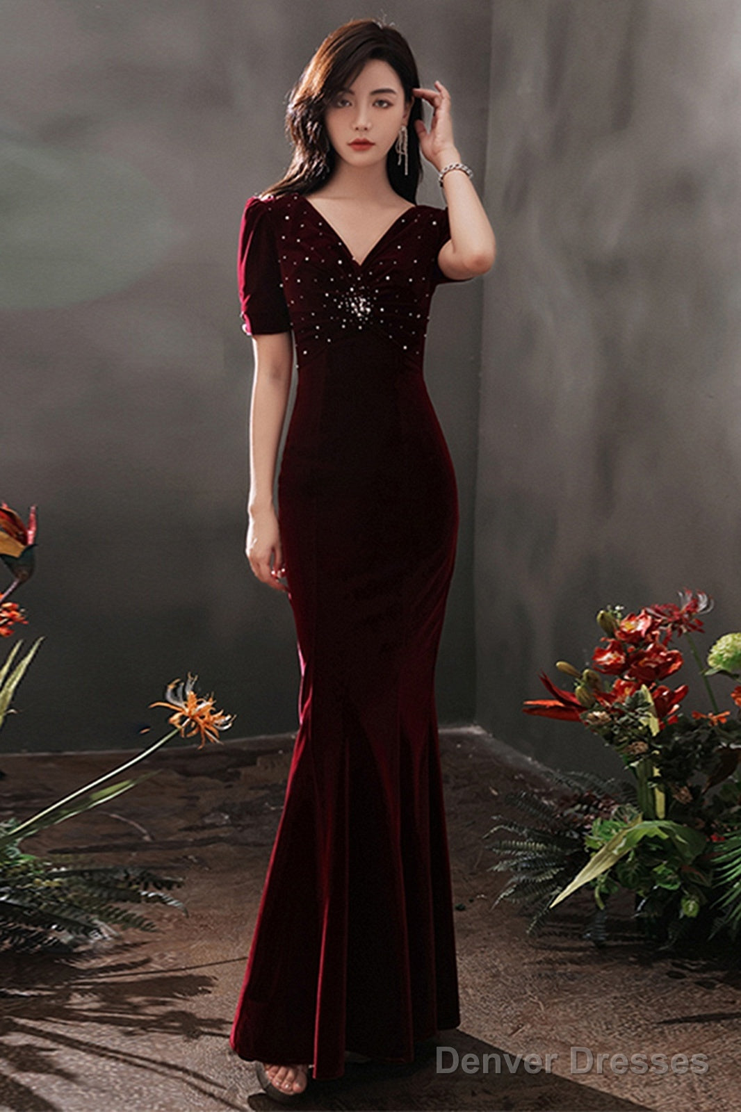 Wine Red Velvet Mermaid Short Sleeves Party Dress, Wine Red Long Evening Dress Prom Dress