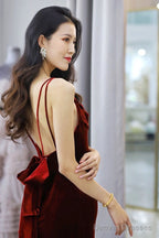 Wine Red Velvet Mermaid Straps Long Party Dress , Burgundy Bridesmaid Dresses