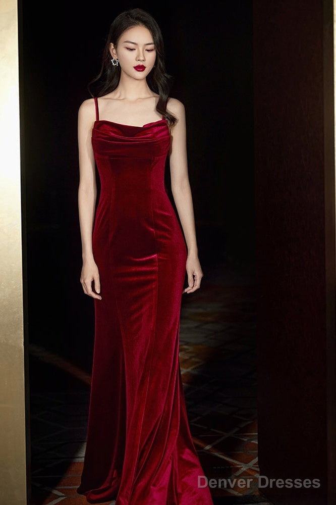 Wine Red Velvet Mermaid Straps Long Party Dress , Burgundy Bridesmaid Dresses Main image