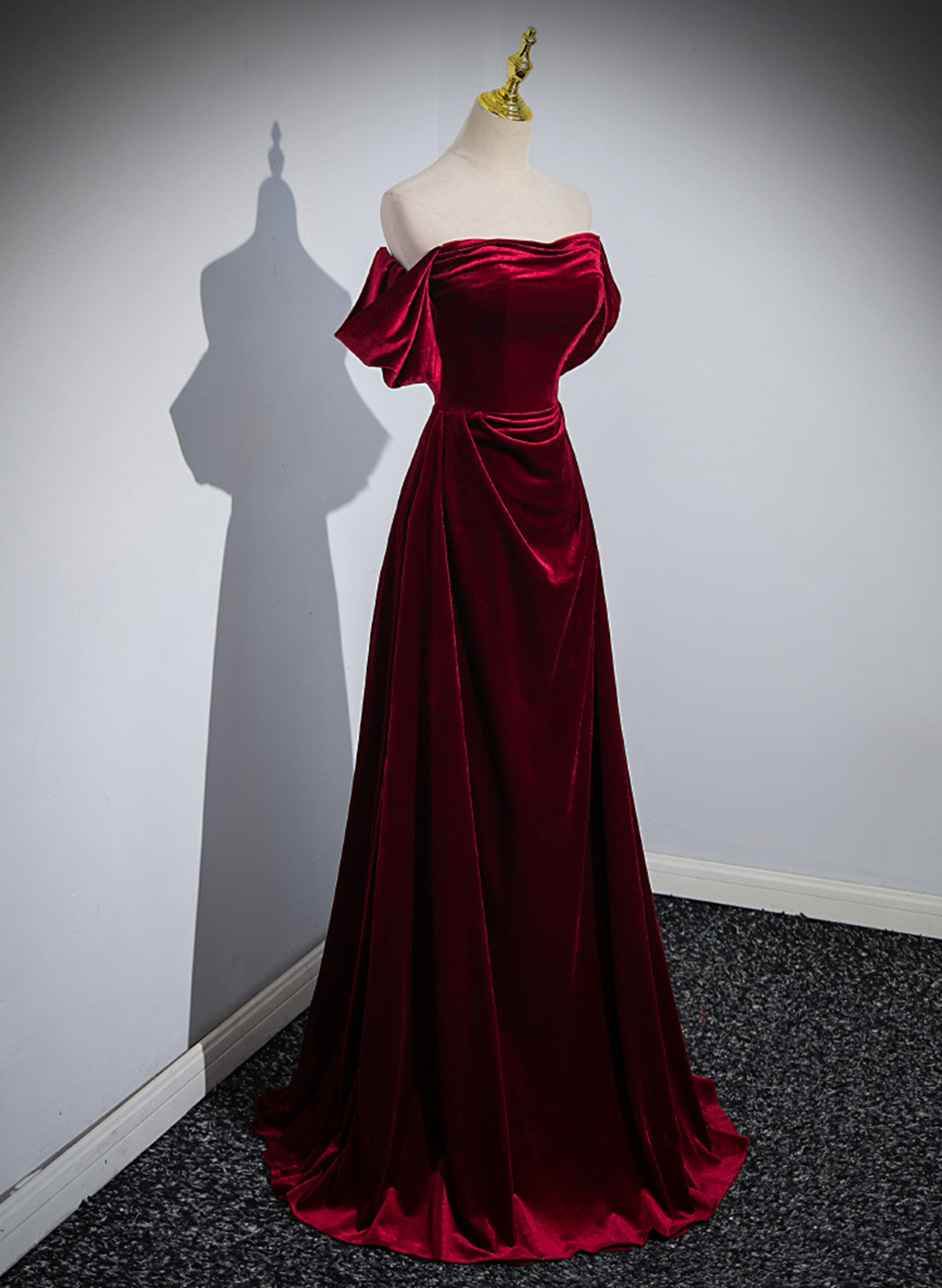 Wine Red Velvet Off Shoulder A-Line Long Party Dress, Wine Red Floor Length Prom Dress Secondary image
