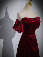 Wine Red Velvet Off Shoulder A-Line Long Party Dress, Wine Red Floor Length Prom Dress