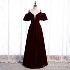 Wine Red Velvet Off Shoulder Floor Length Party Dress, Velvet Junior Prom Dress