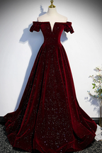 Wine Red Velvet Off Shoulder Long Formal Evening Gown, Wine Red Prom Dress