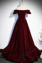Wine Red Velvet Off Shoulder Long Formal Evening Gown, Wine Red Prom Dress