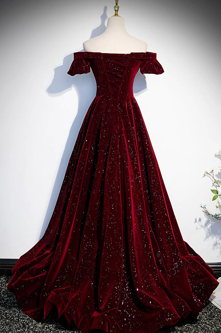 Wine Red Velvet Off Shoulder Long Formal Evening Gown, Wine Red Prom Dress
