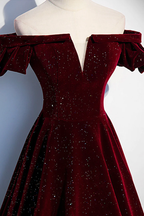 Wine Red Velvet Off Shoulder Long Formal Evening Gown, Wine Red Prom Dress
