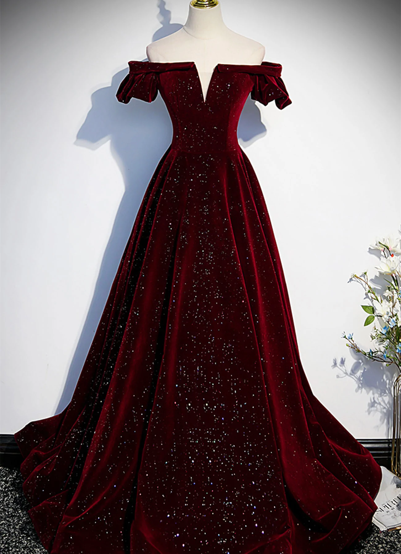 Wine Red Velvet Off Shoulder Long Formal Evening Gown, Wine Red Prom Dress Main image
