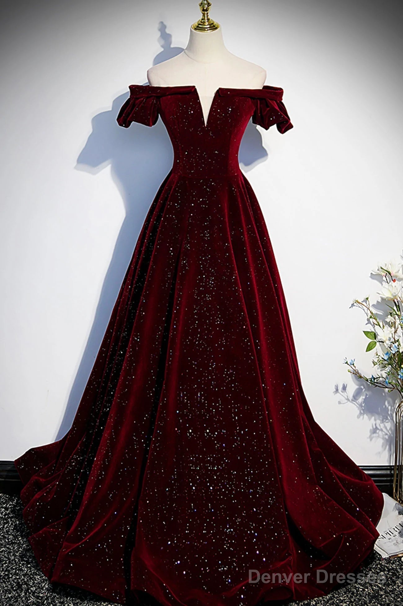 Wine Red Velvet Off Shoulder Long Formal Evening Gown, Wine Red Prom Dresses Secondary image