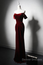 Wine Red Velvet Off Shoulder Long Mermaid Prom Dress, Wine Red Velvet Eveing Dress