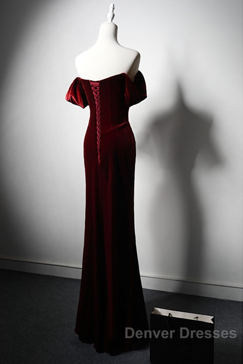 Wine Red Velvet Off Shoulder Long Mermaid Prom Dress, Wine Red Velvet Eveing Dress