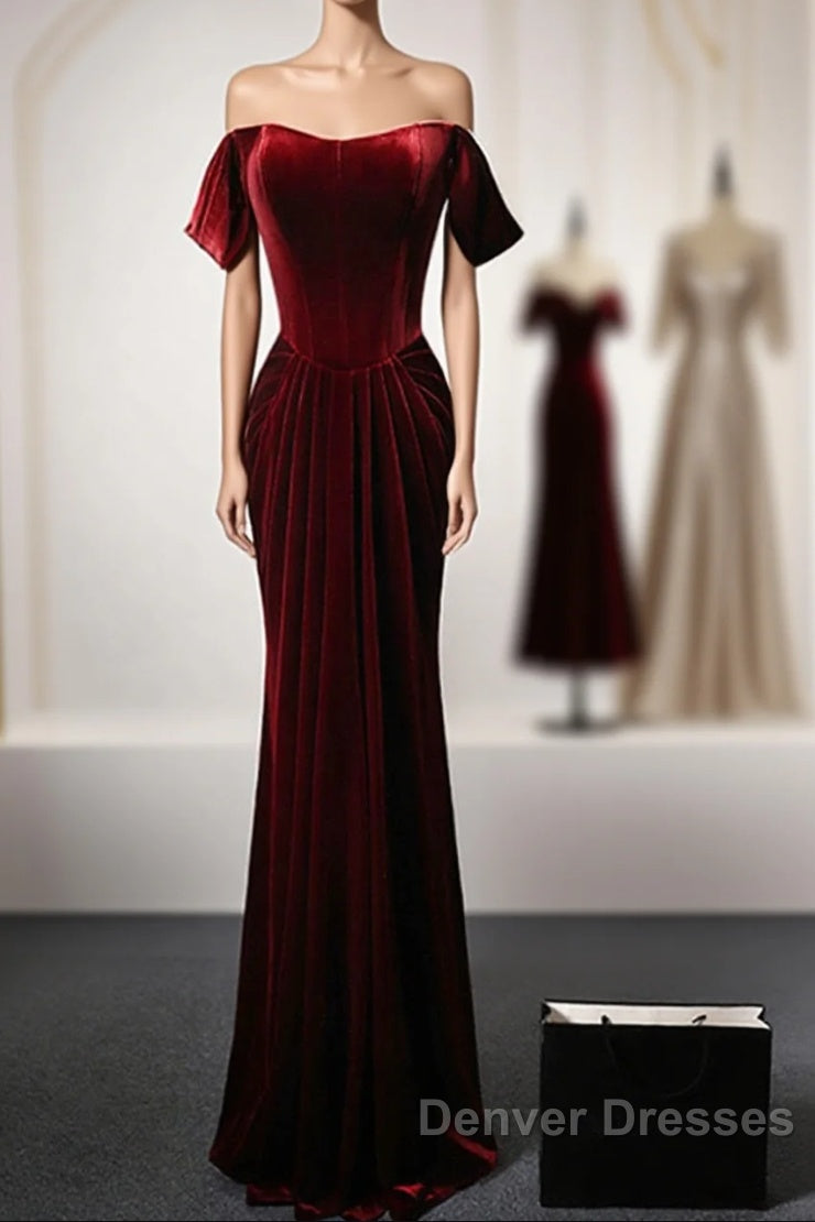 Wine Red Velvet Off Shoulder Long Mermaid Prom Dress, Wine Red Velvet Eveing Dress Main image
