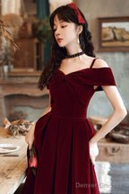 Wine Red Velvet Off Shoulder Long Prom Dress, Wine Red Party Dress Formal Dress
