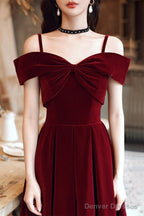 Wine Red Velvet Off Shoulder Long Prom Dress, Wine Red Party Dress Formal Dress