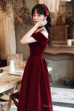 Wine Red Velvet Off Shoulder Long Prom Dress, Wine Red Party Dress Formal Dress