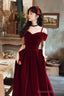 Wine Red Velvet Off Shoulder Long Prom Dress, Wine Red Party Dress Formal Dress