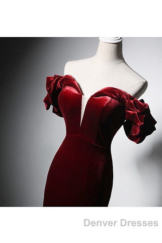 Wine Red Velvet Off Shoulder Mermaid Long Prom Dress, Long Lace-Up Evening Dress