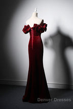 Wine Red Velvet Off Shoulder Mermaid Long Prom Dress, Long Lace-Up Evening Dress
