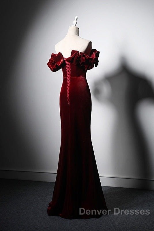 Wine Red Velvet Off Shoulder Mermaid Long Prom Dress, Long Lace-Up Evening Dress