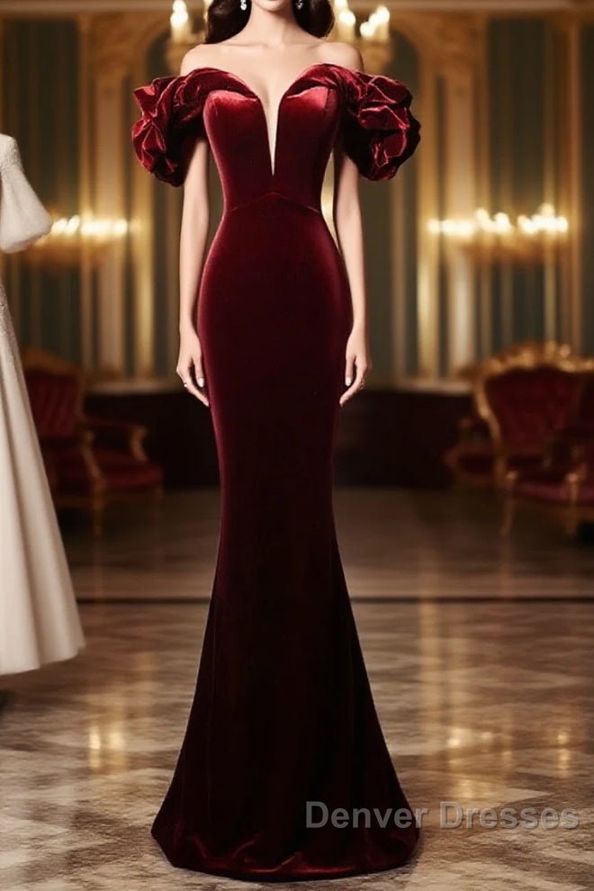 Wine Red Velvet Off Shoulder Mermaid Long Prom Dress, Long Lace-Up Evening Dress Main image