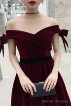 Wine Red Velvet Off Shoulder Party Dress, A-Line Velvet Bridesmaid Dress Prom Dress