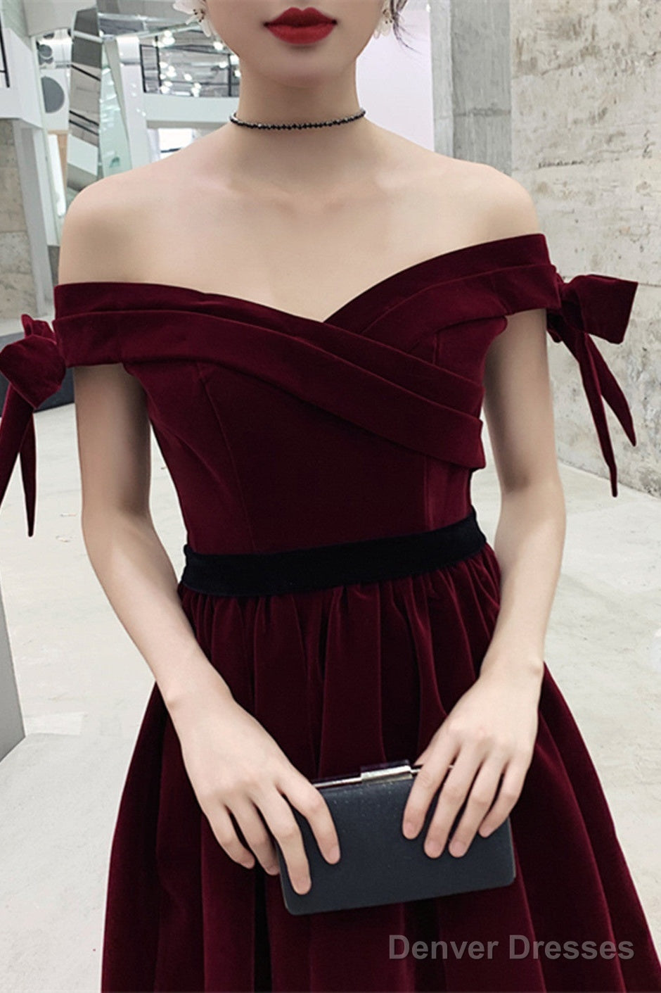 Wine Red Velvet Off Shoulder Party Dress, A-Line Velvet Bridesmaid Dress Prom Dress Secondary image