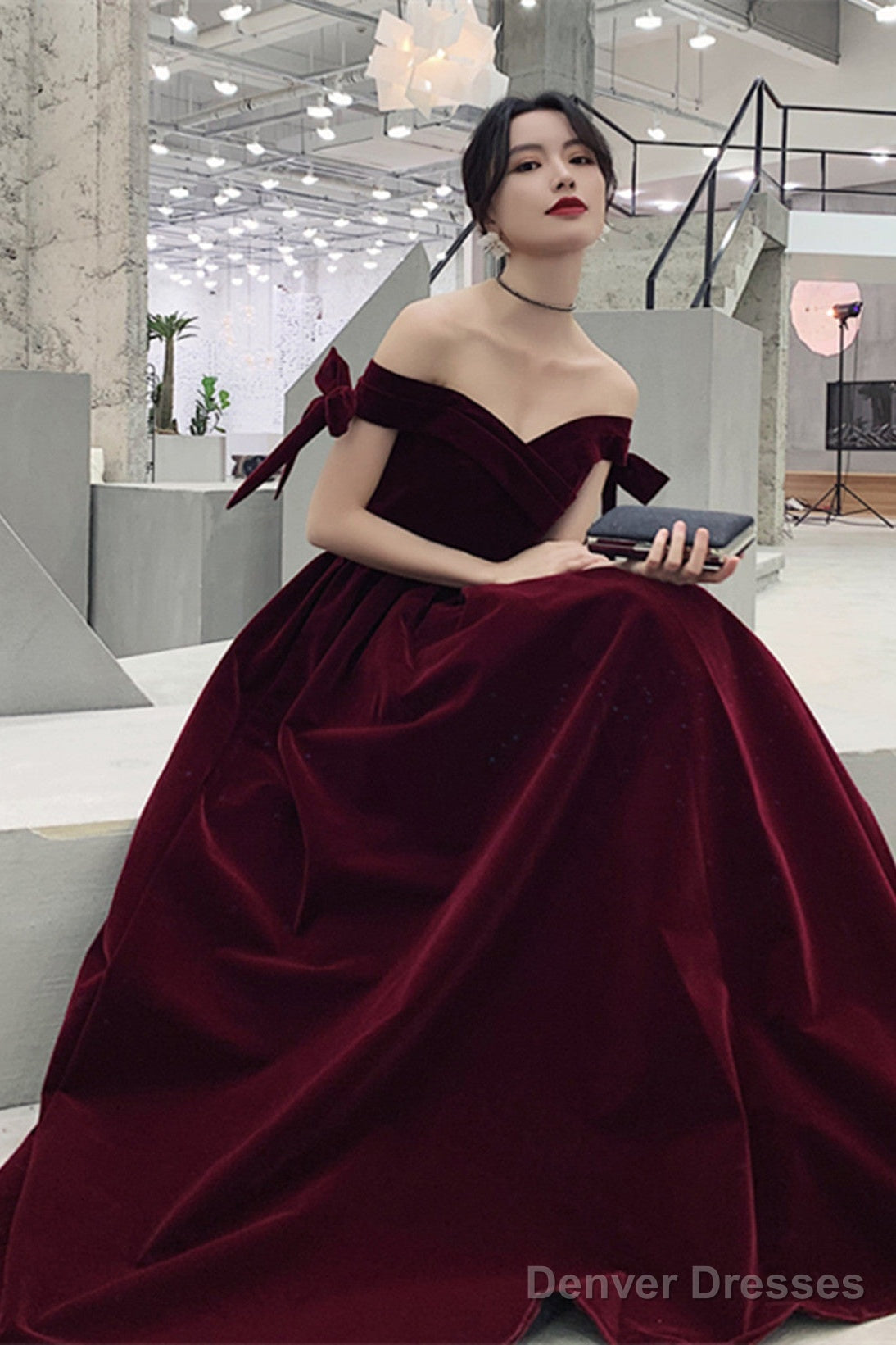 Wine Red Velvet Off Shoulder Party Dress, A-Line Velvet Bridesmaid Dress Prom Dress