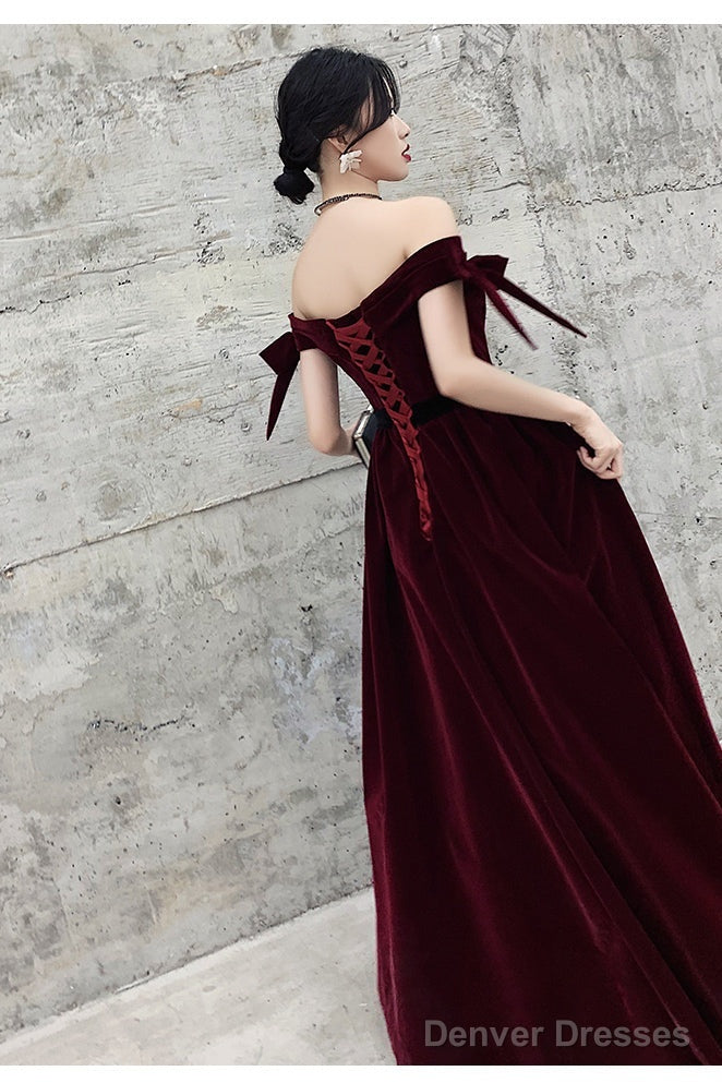Wine Red Velvet Off Shoulder Party Dress, A-Line Velvet Bridesmaid Dress Prom Dress