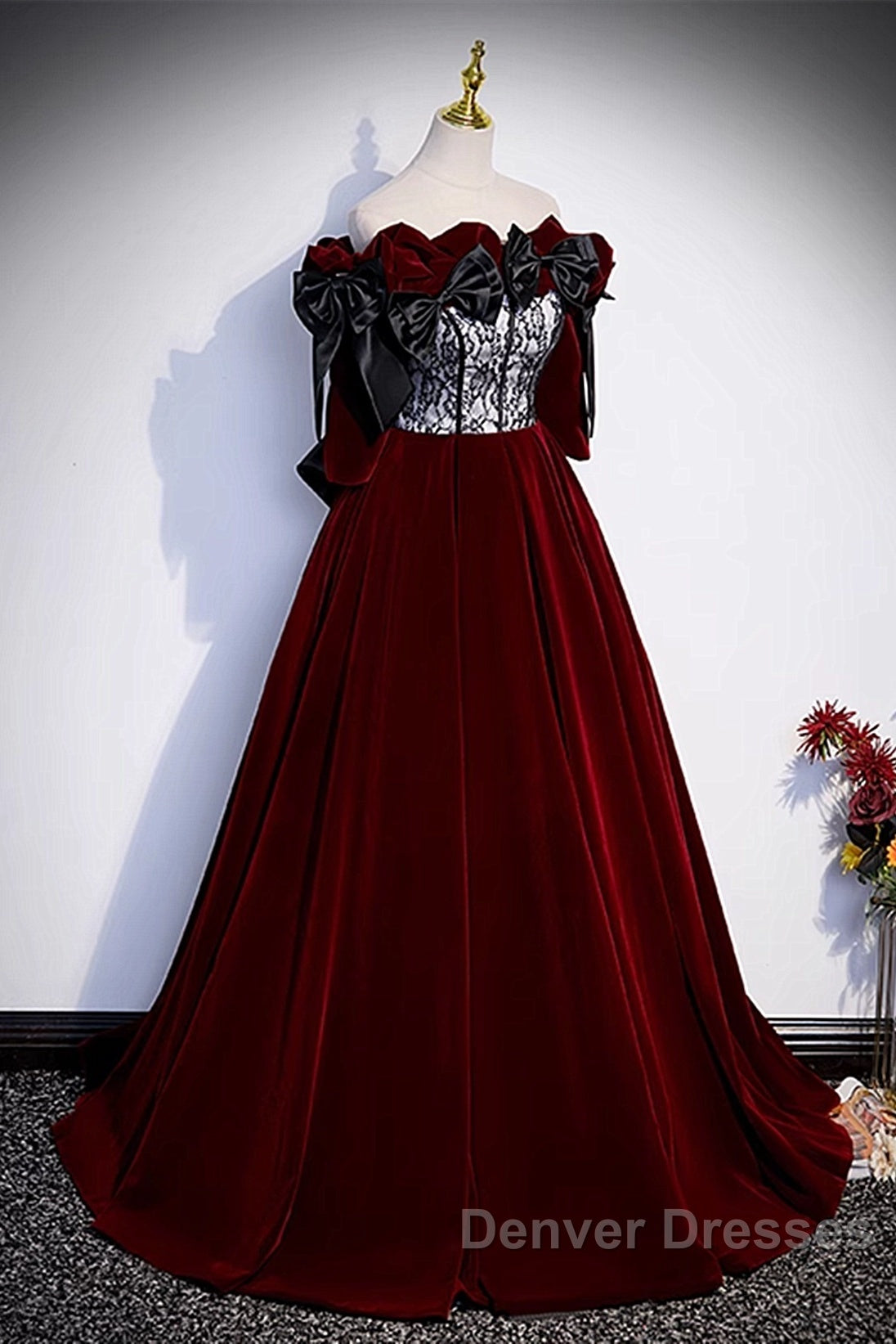 Wine Red Velvet Off Shoulder Party Dress With Bow, Wine Red Velvet Long Prom Dress Secondary image