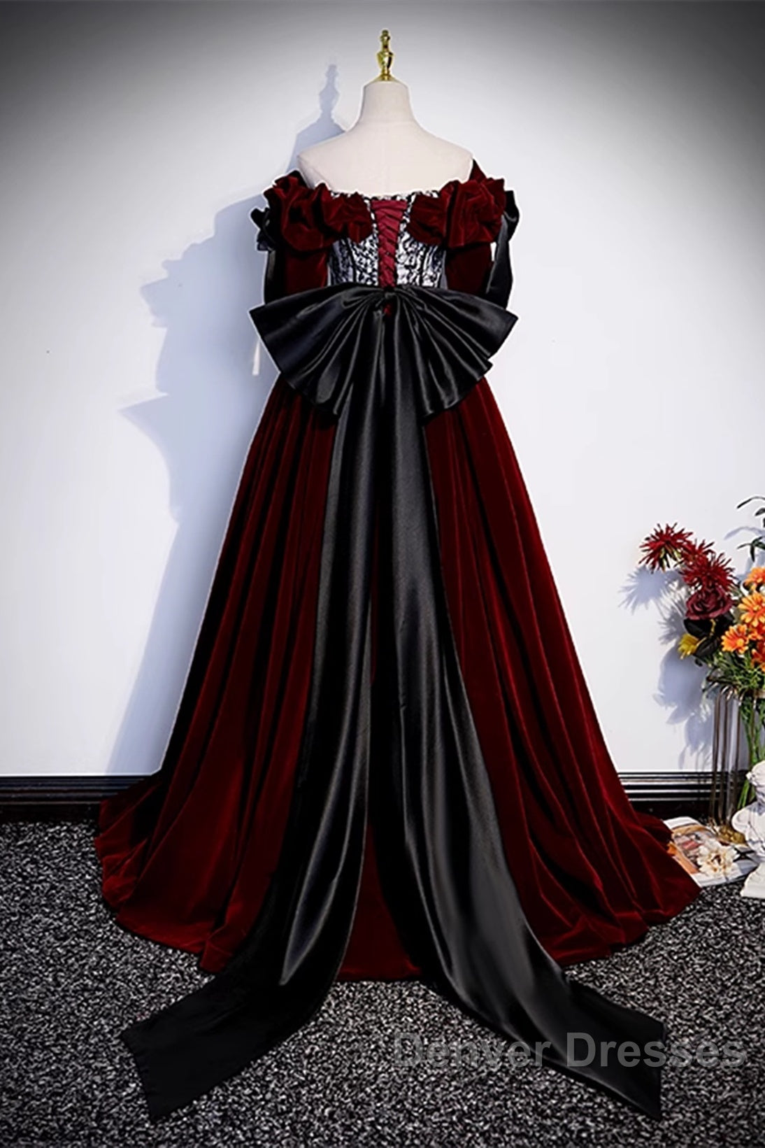 Wine Red Velvet Off Shoulder Party Dress With Bow, Wine Red Velvet Long Prom Dress