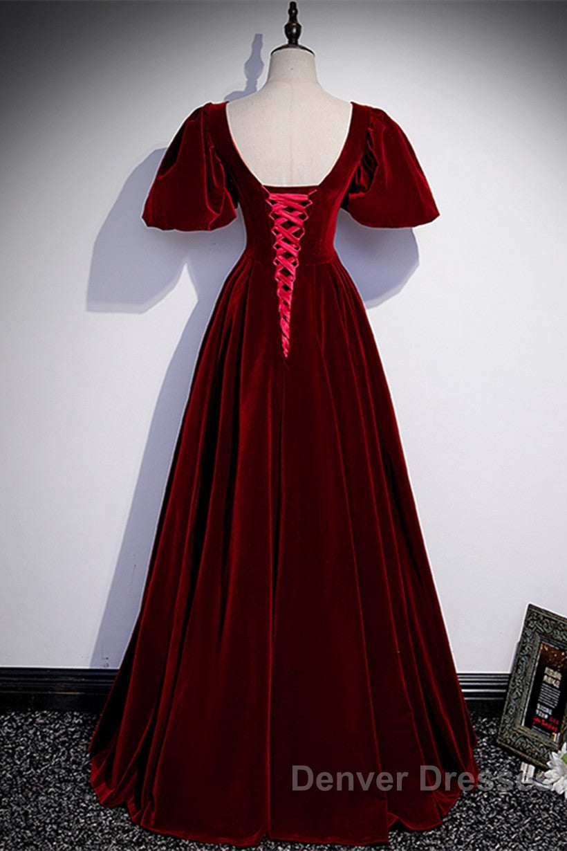 Wine Red Velvet Puffy Short Sleeves Party Dress, Velvet Long Bridesmaid Dress
