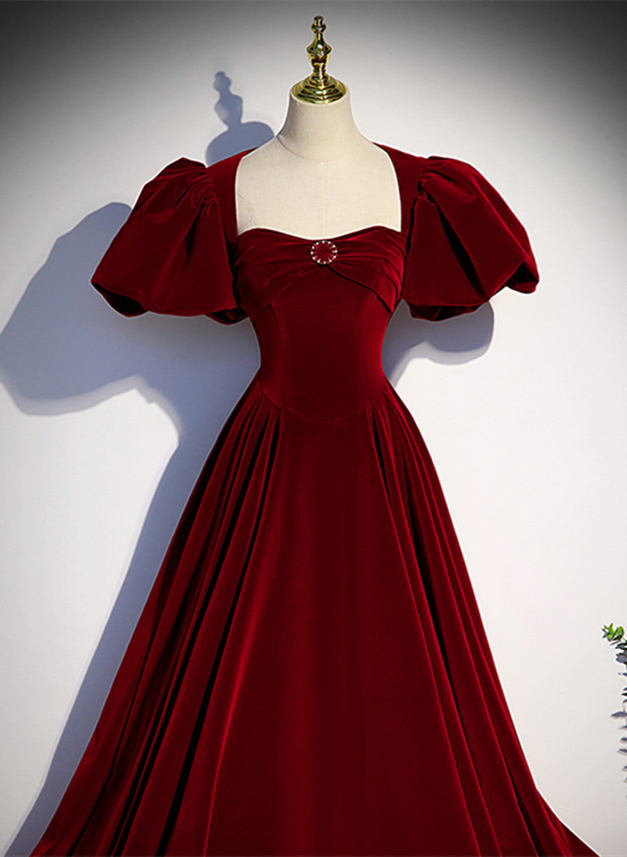 Wine Red Velvet Puffy Sleeves Long Party Dress, Wine Red Long Prom Dress Secondary image