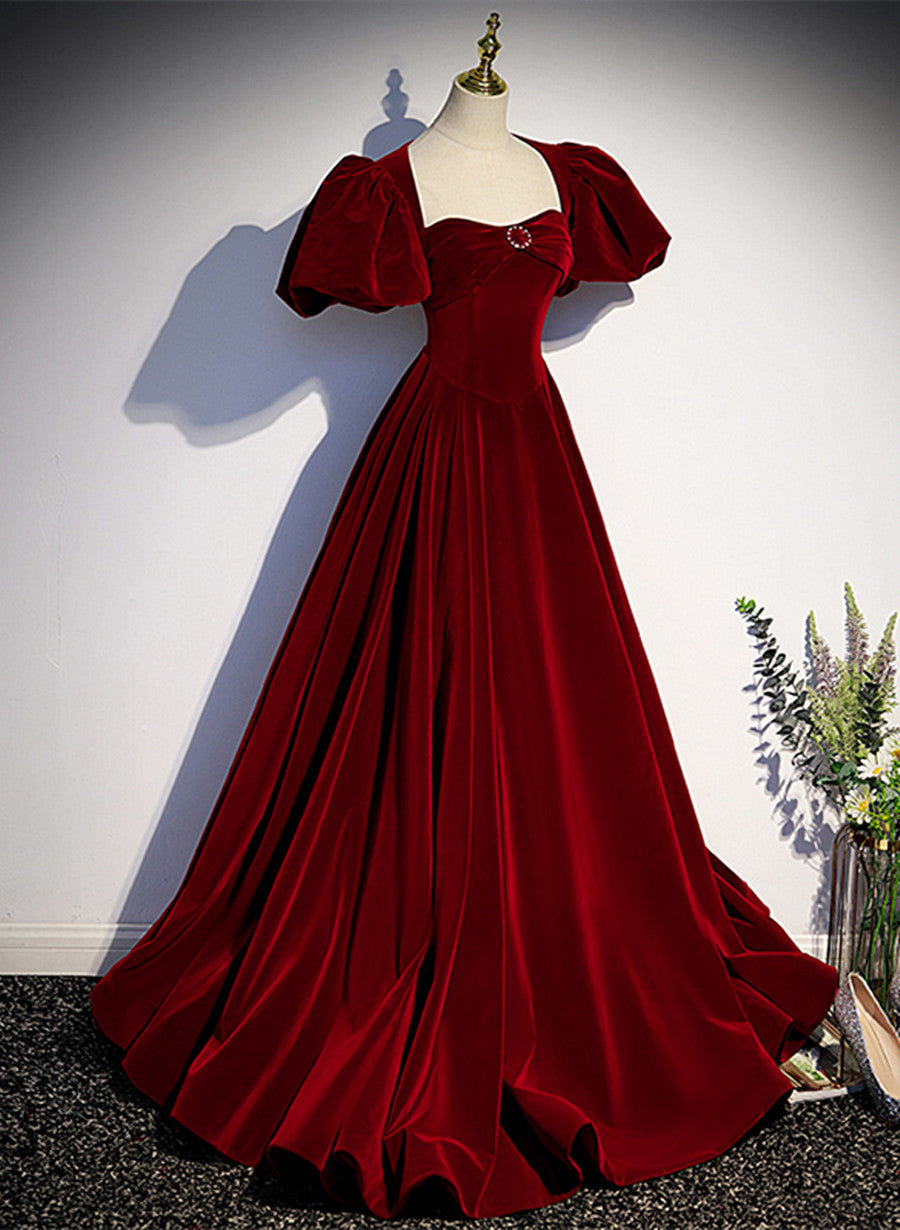 Wine Red Velvet Puffy Sleeves Long Party Dress, Wine Red Long Prom Dress